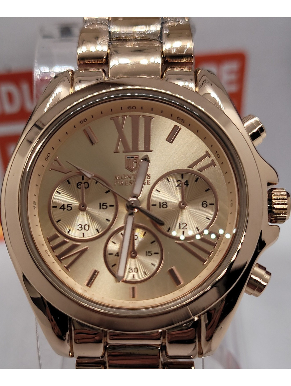 281 montres prestige 35mm rose gold chronograph analog bracelet wristwatch